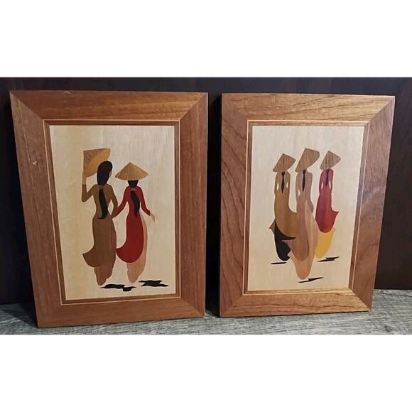 VINTAGE Asian women Friends WOOD INLAY MARQUETRY Pair Set Small Framed Wall Art - Picture 1 of 7